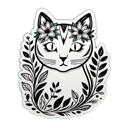 artistic cat sticker floral SVG PNG design with clean design elements, black and white floral elements