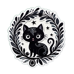 cat black sticker floral SVG PNG design with black and white floral elements