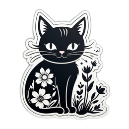 flower blackcat sticker SVG PNG design with clean design elements, black and white floral elements