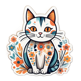 flower cat sticker SVG PNG design with orange and green floral elements