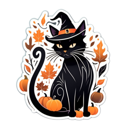 cat pumpkins leaves SVG PNG design with black and orange floral elements