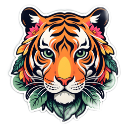 artistic tiger flora floral SVG PNG design with clean design elements, orange and green floral elements