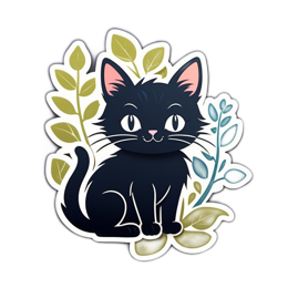 cat nature SVG PNG design with black and green floral elements