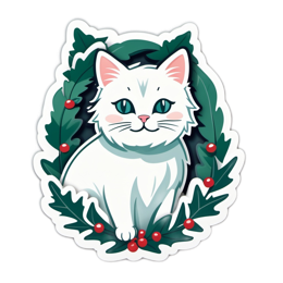 charming white cat wreath SVG PNG design with white and red floral elements