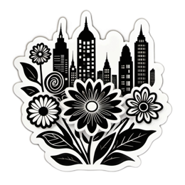 artflowers cityscape SVG PNG design with black and white floral elements