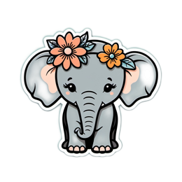 cartoon elephant flowers floral SVG PNG design with orange and pink floral elements