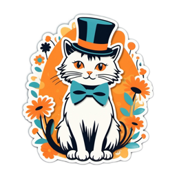 fashion cat sticker floral SVG PNG design with white and orange floral elements