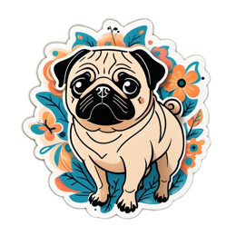 pug flower sticker SVG PNG design with clean design elements, orange and blue floral elements