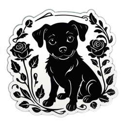 black puppy flower sticker SVG PNG design with clean design elements, black and white floral elements