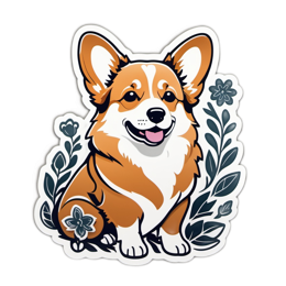 corgi sticker floral SVG PNG design with clean design elements, white and orange floral elements
