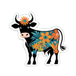 floral cow SVG PNG design with clean design elements, orange and blue floral elements