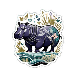 hippopotamus nature floral SVG PNG design with red and green floral elements
