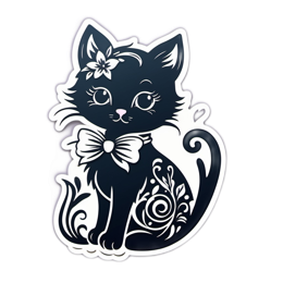 cat sticker floral SVG PNG design with clean design elements, black and white floral elements