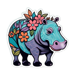 hippopotamus flower SVG PNG design with green and blue floral elements