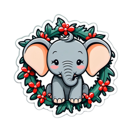cute elephant wreath SVG PNG design with red and green floral elements