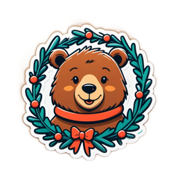bear sticker wreath SVG PNG design with red and green floral elements