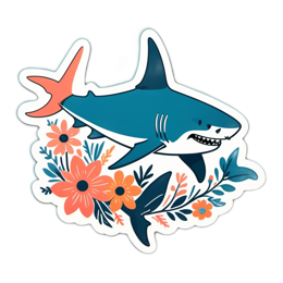 sticker shark flower SVG PNG design with orange and green floral elements
