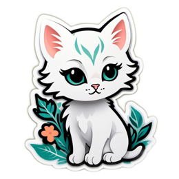 sticker cartoon cat floral SVG PNG design with white and pink floral elements