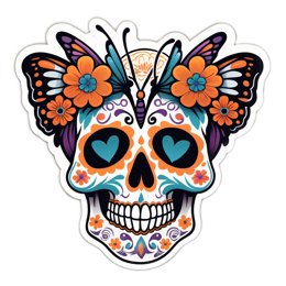 skull butterflies flowers floral SVG PNG design with clean design elements, orange and blue floral elements