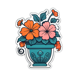 flower pot sticker SVG PNG design with clean design elements, orange and pink floral elements