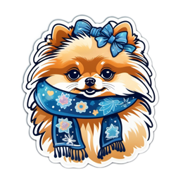 sticker pomeranian scarf floral SVG PNG design with clean design elements, orange and blue floral elements