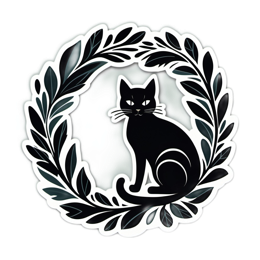 black cat sticker wreath SVG PNG design with clean design elements, black and white floral elements