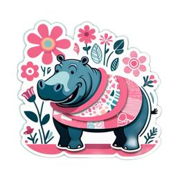 sticker hippo flowers SVG PNG design with clean design elements, pink and blue floral elements