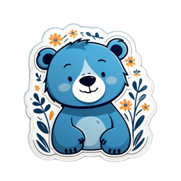 blue bear flower sticker SVG PNG design with orange and green floral elements