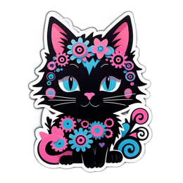 fancy cat flower stickers SVG PNG design with black and pink floral elements