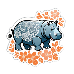 hippo flower pattern SVG PNG design with clean design elements, orange and blue floral elements