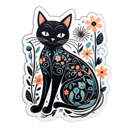artistic flower cat SVG PNG design with black and orange floral elements