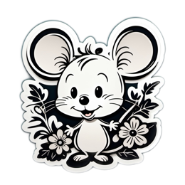 stickers mouse flowers SVG PNG design with clean design elements, black and white floral elements
