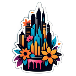 cityscape flowerdesign SVG PNG design with clean design elements, orange and pink floral elements