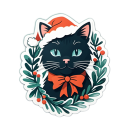 christmas cat sticker wreath SVG PNG design with black and red floral elements