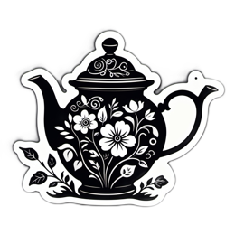tea kettle floral SVG PNG design with black and white floral elements