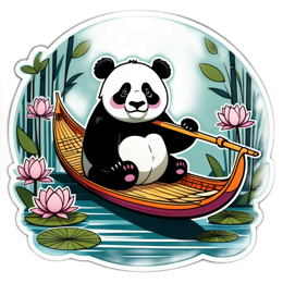 panda boat lily pads SVG PNG design with black and white floral elements