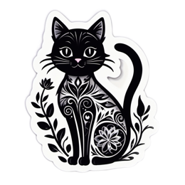 sticker black cat floral SVG PNG design with black and white floral elements