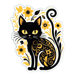 animals cat flower pattern SVG PNG design with clean design elements, black and yellow floral elements