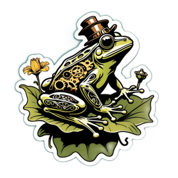 frog steampunk SVG PNG design with green and yellow floral elements