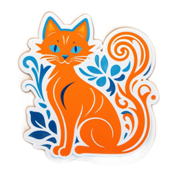 sticker orange cat floral SVG PNG design with clean design elements, orange and blue floral elements