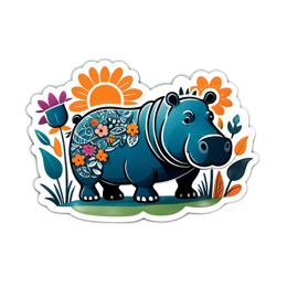 floral hippopotamus SVG PNG design with orange and green floral elements