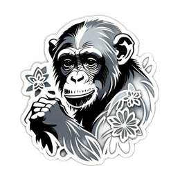 chimpanzee flower SVG PNG design with clean design elements, black and white floral elements