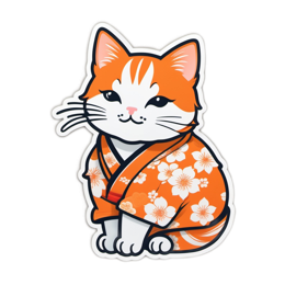 cartoon cat kimono floral SVG PNG design with white and orange floral elements