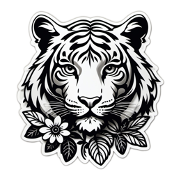 artistic tiger sticker floral SVG PNG design with clean design elements, black and white floral elements