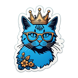 crowned cat SVG PNG design with blue floral elements