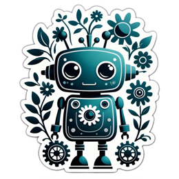 robot flower gears SVG PNG design with green floral elements