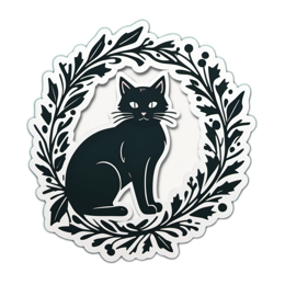 pet black cat sticker floral SVG PNG design with black and green floral elements