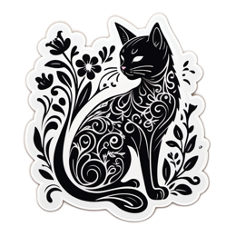 black cat flora floral SVG PNG design with clean design elements, black and white floral elements