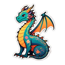 dragon colorful sticker floral SVG PNG design with clean design elements, orange and green floral elements