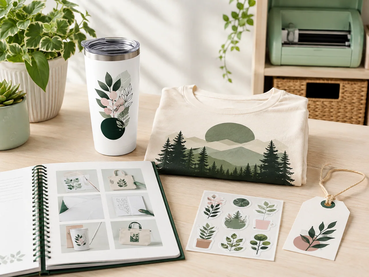 Finished Crafcut project ideas including a shirt, tumbler, stickers and project planner